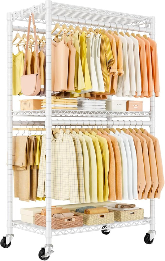 P5 Rolling Clothes Rack, Clothing Racks for Hanging Clothes, White | Heavy Duty Garment Rack with Wheels, 3-Tier Shelves, Portable Closet Racks 39.4'' W × 20.5'' D × 80.5'' H, Max Load 650 Lbs