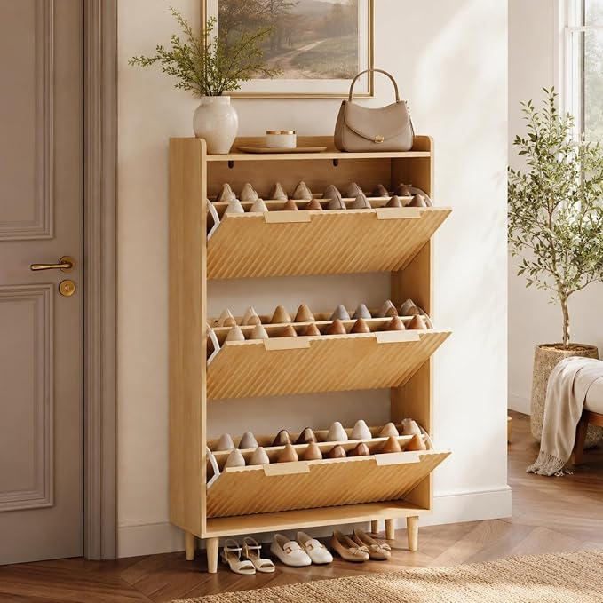 VINGLI Fluted Shoe Storage Cabinet for Entryway with 3 Flip Drawers, Narrow Shoe Organizer with Fluted Panel, Freestanding Wood Hidden Shoe Cabinet for Foyer, Hallway (Oak, 3 Flip Drawers)