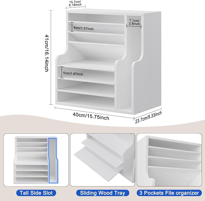 Wood Desktop File Holder Organizer Mail Sorter for File Folders, Mails, Envelopes or Magazines, 8 Compartments (White)