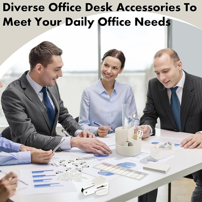 Beige Desk Accessories Office Supplies Set, 12 Pcs | 360° Rotating Pen Holder, Stapler, Tape Dispenser, Scissor, Sticky Notes, Binder Clips, Desk Organizers Gift for School