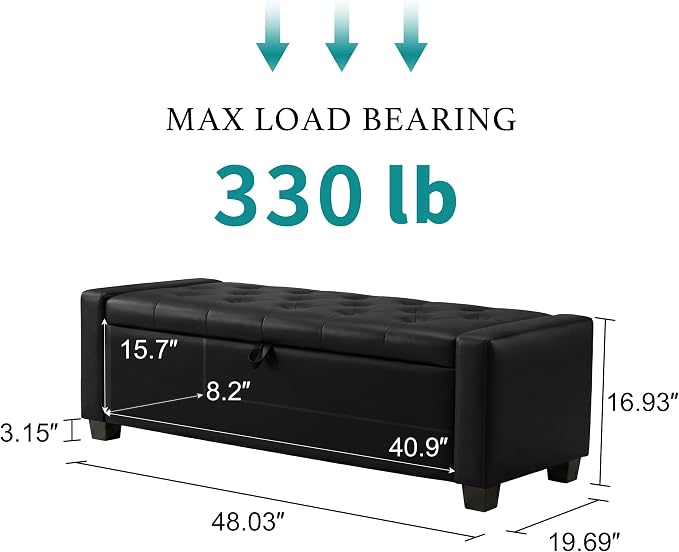 Huatean Home 48" Ottoman with Storage, Light Black Storage Ottoman Bench | Upholstered Entryway Bench with Seating for Bedroom, Living Room with Safety Hinge, Holds up to 330 lb