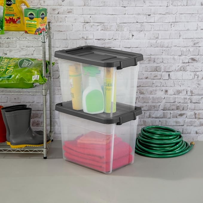 Sterilite Modular Stacker Box with Latching Lid, 30 Quart, 24-Pack | Clear Plastic Storage Bins - Stackable Organizing Container Boxes for Closet, Bathroom, and Office