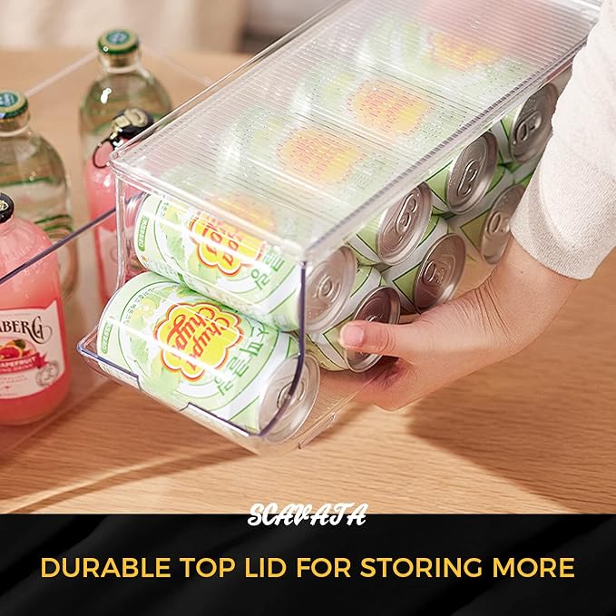 SCAVATA 2 Pack Soda Can Organizer for Refrigerator, Stackable Canned Food Pop Cans Container Can Holder Dispenser with Lid for Fridge Rack Freezer, Clear Storage Bins-Holds 12 Cans Each (Clear)