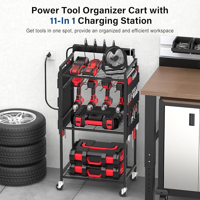 JUNNUJ Power Tool Charging Organizer Cart, 8 Outlet 3 USB, 6 FT Cord, Black | Floor Rolling, Large Tools Storage Cart on Wheels, Heavy Duty Drill Battery Station, Utility Rack Shelf for Garage Workshop
