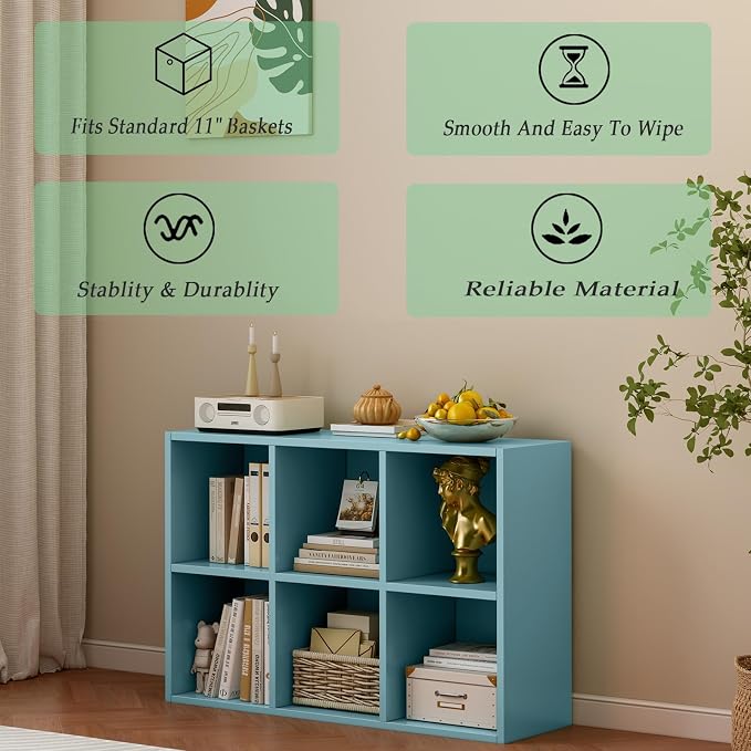 OSCHF 6-Cube Storage Shelf Bookcase, Light Blue | Wooden 3-Tier Open Bookshelf, Fits 11×11" Bins, Vertical or Horizontal Use, Full Back Panels, For Home Office