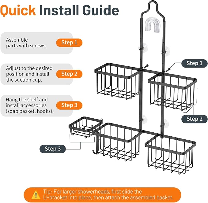 Luxspire Shower Caddy Hanging Overhead, Shower Organizer Hanging, Black | No Drilling Required, Height-Adjustable, Thickened Rustproof Stainless Steel, Heavy-Duty, Include 8 Hooks And Soap Holder