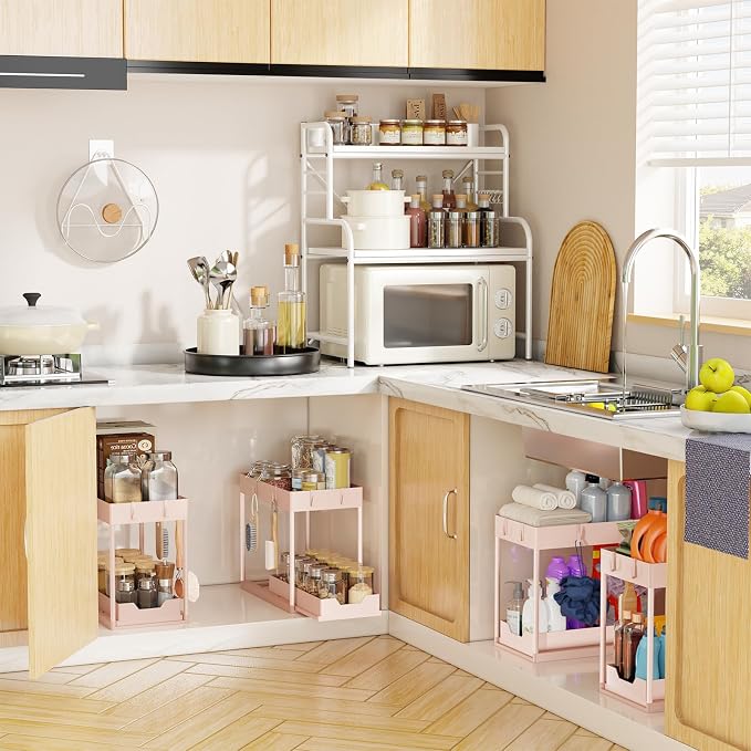 Simple Trending Under Sink Organizer 2 Pack, Sink Pull-Out Sliding Storage Cabinet, 2-Tier Under Shelf Organizer for Kitchen Bathroom, Pink