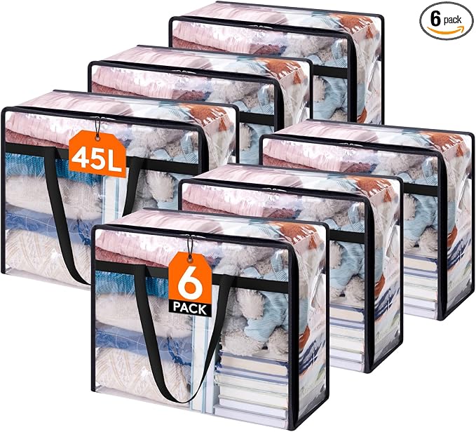 Lifewit 6 Pack Clear Clothes Storage Bags, 45L Plastic Blanket Storage Bag, Vinyl Foldable Moving Bags with Zipper, Closet Organizers and Storage Containers for Bedding, Duvet, Comforter