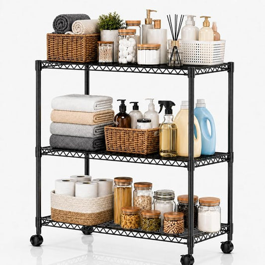 Simple Deluxe 3-Tier Heavy Duty Adjustable Storage Shelf with Wheels, 23.23”W x 13.39”D x 30.31”H, Mobile or Stationary Metal Shelving Unit, Easy Assembly for Kitchen, Pantry, Laundry Room, Black