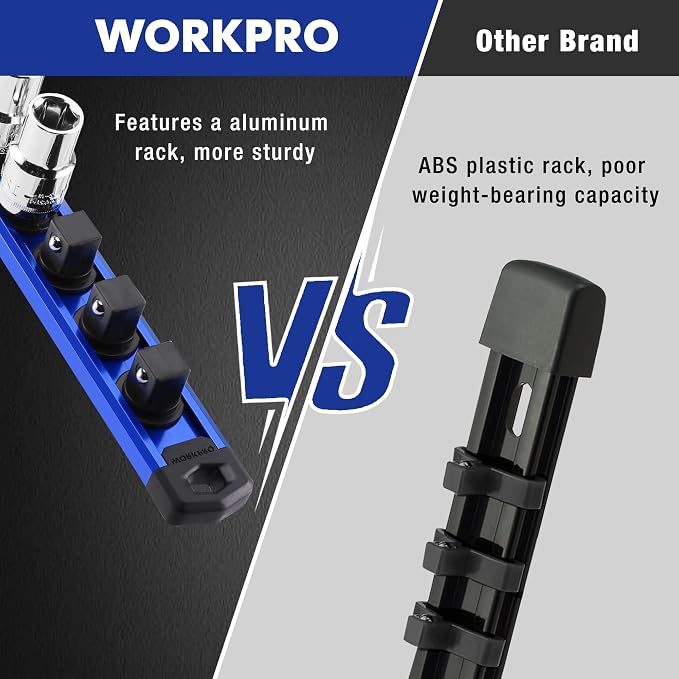 WORKPRO Magnetic Socket Organizer, Heavy Duty 3/8-Inch Drive Socket Rail | 1 Piece Socket Holder with 10 Spots, Aluminum Alloy, Rotatable & Movable Clips, Efficient Organization