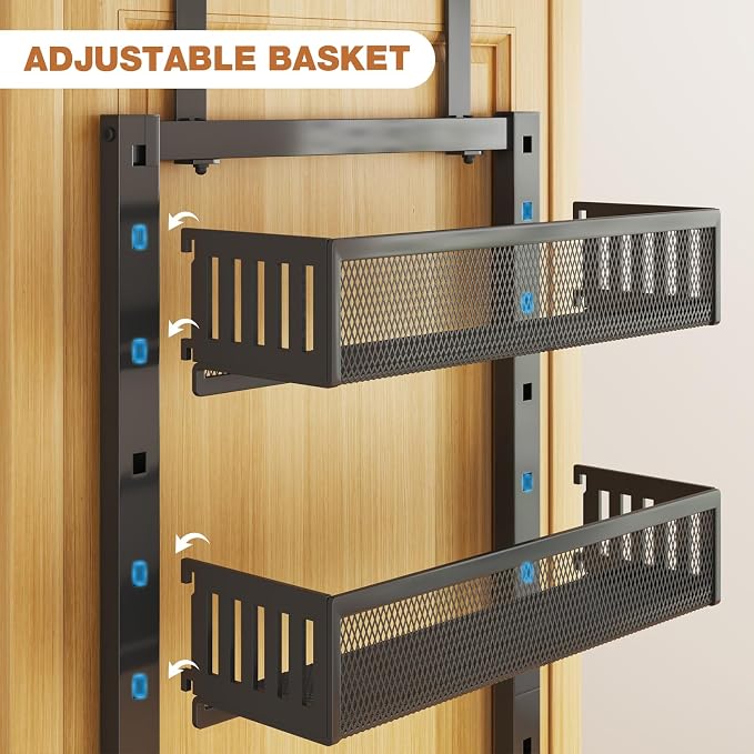 Pantry Door Organizers and Storage, 6-Tier Large Metal Heavy-Duty Frame Over the Door Spice Rack, 2 in 1 Wall-Mounted or Hanging shelf for Kitchen, Bathroom, Laundry Room, Bedroom, Closet &Nursery