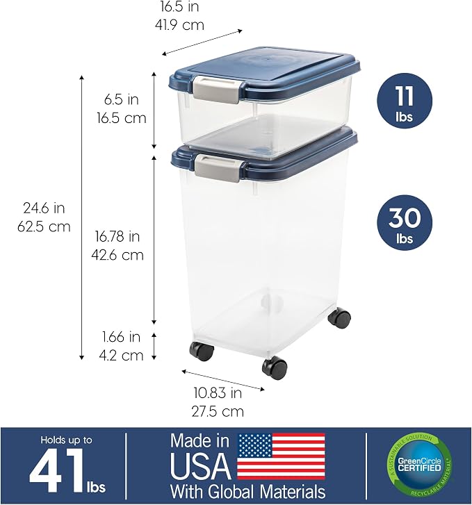 IRIS USA Dog Food Storage Container, Up to 30+11 lbs, Navy, Made in USA | Wheels for Mobility, Airtight Seal, BPA-Free, Best for Bird Seed, Cat food, Cat Litter, Chicken Feed, Pellets