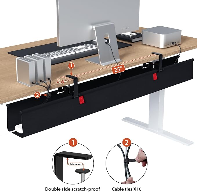 Univivi No Drill Under Desk Cable Management Tray, 48 inch Cable Management | Clamp/Screw Mount Desk Cable Organizer, Premium Fabric Cable Management Tray, Large Capacity Cord Organizer for Office, Home