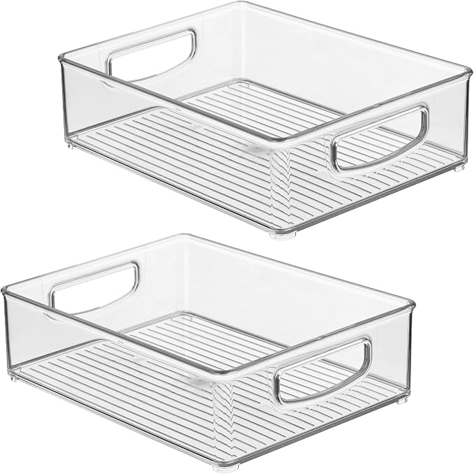 iDesign Plastic Stackable Pantry Bin, Set of 2, Clear | Organizer Bin with Handles, For Cabinets or Fridge