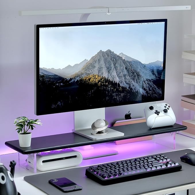 Bamboo Monitor Stand, Desk Shelf with Acrylic Legs and RGB Lights | 31.5-Inch Wide, 3.3-Inch Clearance, Fits Monitor, Laptop, Printer and Speakers for Small Desks