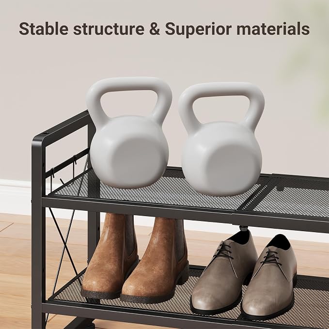 ELYKEN Expandable Shoe Rack for Closet, 2-Tier Metal Black Shoe Organizer | Adjustable Height Shoe Shelf for Boots, Heels, with 4 Hooks, Stackable Shoe Stand Holder for Entryway, Garage, Door Entrance
