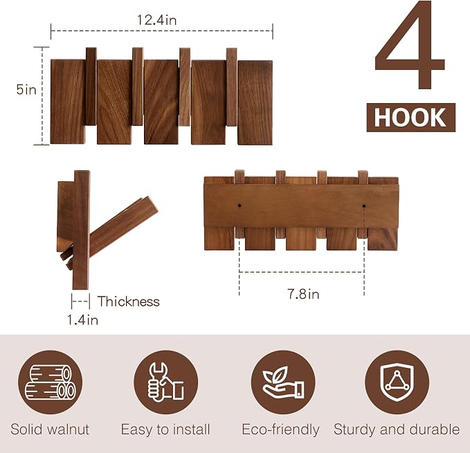 QUELLANCE Wooden Coat Hooks Wall Mounted, Coat Rack Hanger Wall Mount with 4 Hooks, Heavy Duty Coat Hooks for Hanging Coats/Keys/Hats/Robe&Towels/Plants/Bags, Home Decor Gift, Walnut