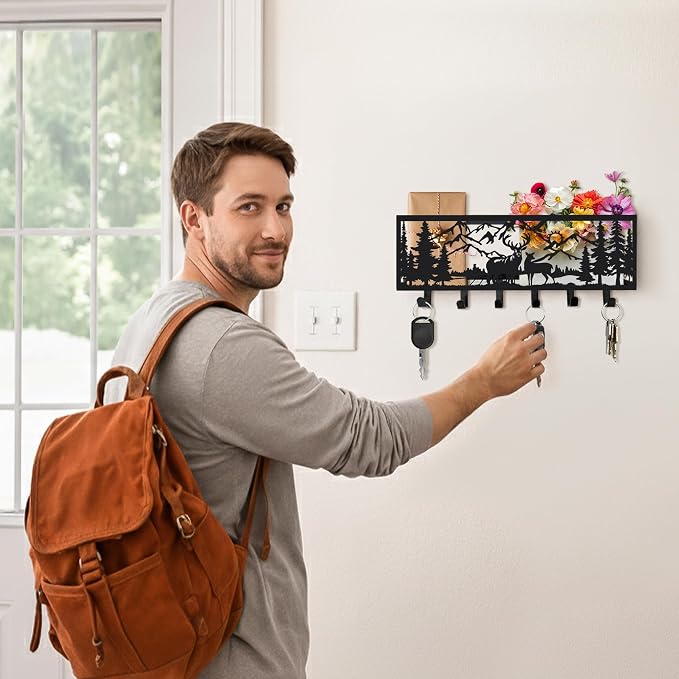 Deer Metal Wall Mail Organizer Wall Mounted Key and Mail Holder Mail Basket Hanging Mail Sorter and Key Organizer for Entryway Bedroom Bathroom