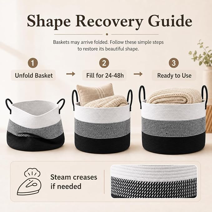 JMvicyroam 65L Extra Large Machine Washable Cotton Rope Blanket Basket | Collapsible laundry hamper, Reinforced handles, For blankets,pillows,toys and clothes, Living room and bedroom,White&BlackMix