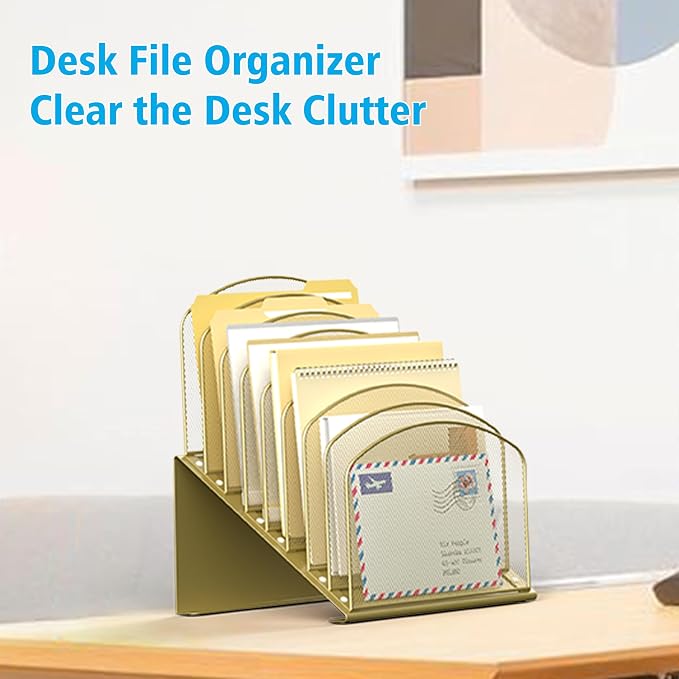 Inclined Desk File Organizer, 8-Section Upright Desk Organizer Standing File Sorter for Office Classroom Desktop Organization (Gold, 8)