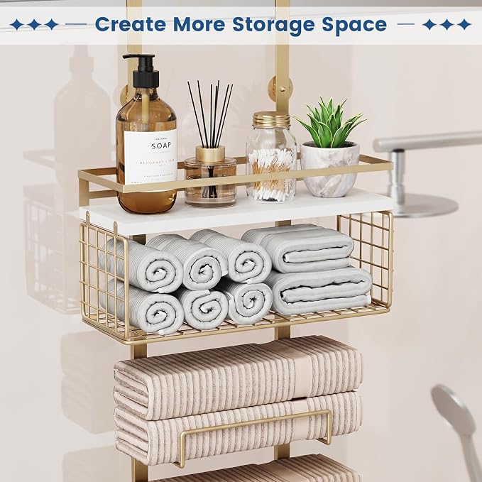 Aetyord Towel Racks for Bathroom Over The Door Towel Racks Towel Storage Organizer with Metal Shelf Basket for Bathroom Rv Camper (7-Tier Gold)