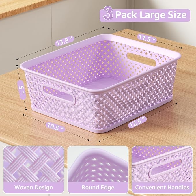 MaxGear 3 Pack Plastic Storage Baskets, Large, Purple | Durable Woven Plastic with Built-In Handles, Suitable for Shelves, Closets, Cabinets, Bathrooms and Offices