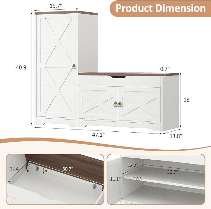47'' Shoe Cabinet with Bench Seat, 7-Tier Shoe Storage Bench for Entryway with Adjustable Shelves, Hidden Lift Top Storage and 0.7'' Top Panel for Hallway Entrance, White