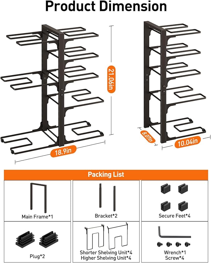Pots and Pans Organizer Under Cabinet 20.8" 8-Tier Adjustable Bronze | 2 DIY Modes, Tool-Free Assembly, Max 120 Lbs, Fits Large Stockpots, Cast Iron Pans & Heavy Cookware, For Kitchen Cabinets