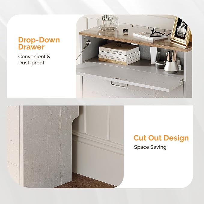 VINGLI Shoe Cabinet Storage for Entryway,Rustic White Narrow Shoe Rack,25"W | 8–12 Pairs,Skirting Board Cutout,1 Drop-Down Drawer,9.4"D Ultra Slim,Washed White & Vintage Brown,2 Flip Drawers,Farmhouse