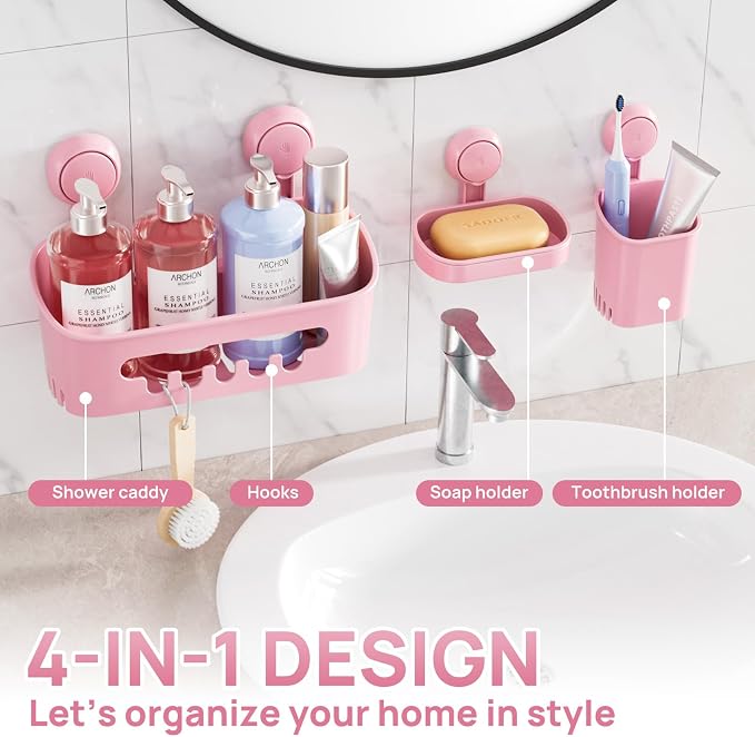 LEVERLOC Shower Caddy Suction Cup Set Shower Organizer & Soap Holder, Pink | Toothbrush Holder, Bathroom Shelf Basket NO-Drilling, Removable Suction Storage, Waterproof Bathroom Caddy