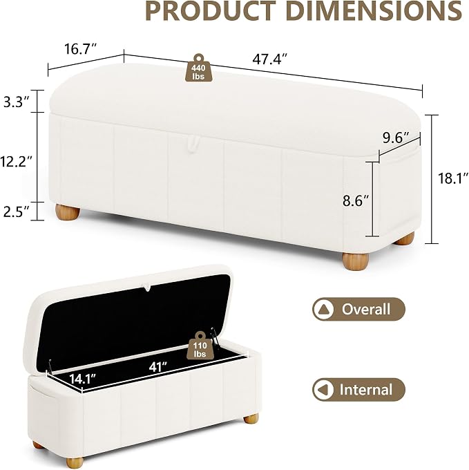 Einhomn 47.4" Ottoman with Storage, End of Bed Bench with Soft Upholstered Seat, Storage Ottoman Bench with Side Pocket, Solid Wood Legs, Entryway Bench for Bedroom, Living Room, Window