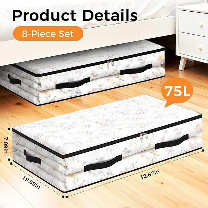 8 Pack Under Bed Storage Bags, 75L Foldable Clear Containers with Handles | Dual Zipper Storage Bins for Comforters, Bedding, Blankets, Closet Organizer for Clothes, Linen Sheets, Sweaters