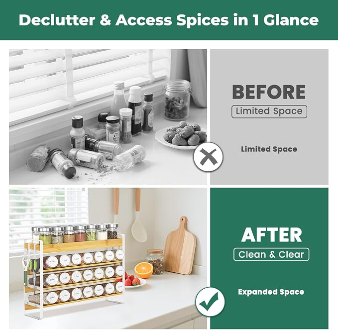 EsLuker.ly Spice Seasoning Rack Organizer Kitchen Countertop, 4 Tier Bamboo | Shelf Holder Storage with 4 Hooks, Wall Mounted Freestanding Stand for Pantry, Quick Spice Access(Jars Not Included), White