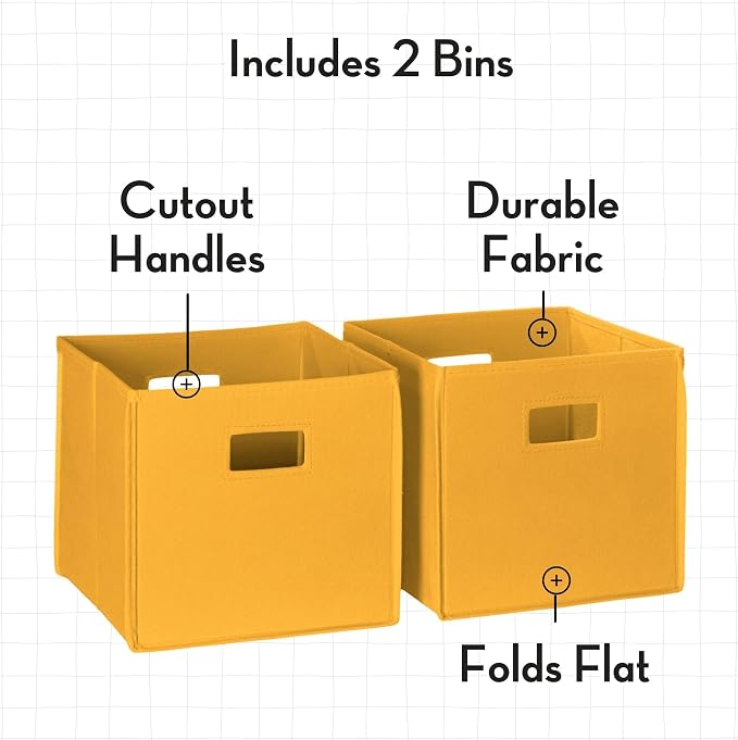 RiverRidge Folding Storage Bins - 2-pack of 10in Tall Golden Yellow Cubes | Fabric Bins, Set of 2 Storage Cubes, Cut-out Handles, Playroom Closet Organizer, Collapsible Cubby with Bottom Board Insert