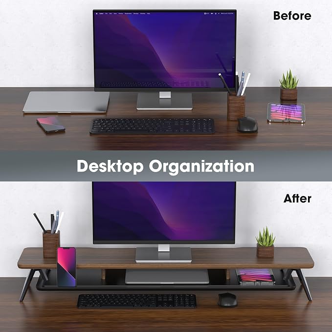 Fenge Dual Monitor Stand Riser, Wooden Desk Shelf with 2-Tier Storage | 42.5-Inch Wide, Sturdy Aluminum Legs, Built-In Phone & Tablet Slot, Desktop Organizer for Office Accessories