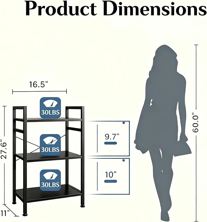 HealSmart 3 Tier Bookshelf, Free Standing Book Shelf Home Office Bookcase Shelf Storage Organizer for Bedroom, Bathroom, Living Room, Office, Balcony, Black
