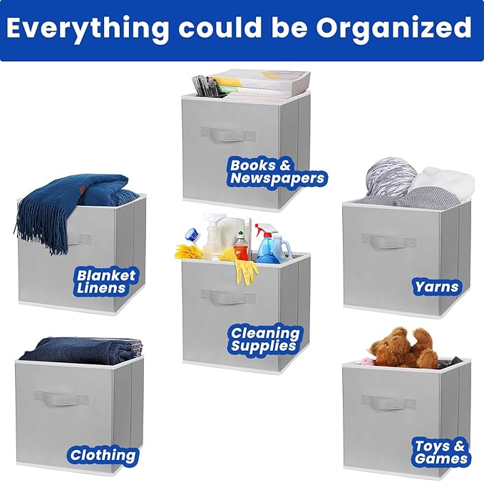 Criusia Storage Cubes, 11 Inch Cube Storage Bins for Shelves (10 Pack), Fabric Collapsible Storage Bins with Dual Handles, Foldable Cube Baskets for Magazines, Closet Organizers and Storage Box (Grey)