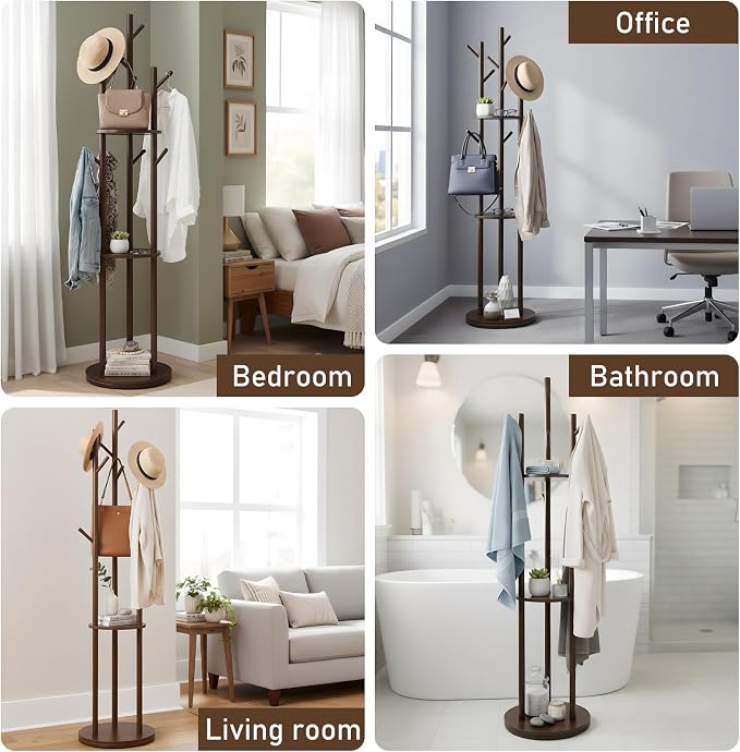 YYW Multifunctional Wood Coat Rack Stand With 9 Hooks And 3 Shelves | Free Standing Organizer For Jackets, Hats, Shoes, Perfect For Bedroom, Hallway, Small Space