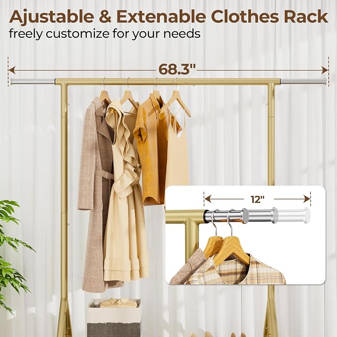 HYSEYY Heavy Duty Clothes Rack Load 450 LBS, Metal Garment Rack, Standing Rolling Clothing Rack for Hanging Clothes with Sturdy Wheels & Shelves, Portable Closet Wardrobe Rack,Gold
