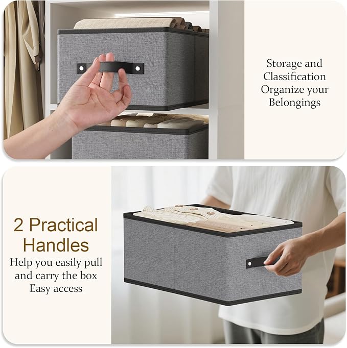 Fabric Closet Storage Boxes,18.5×11×7.9In,Gray Bins,4Pack | Storage Baskets with Handles,Collapsible Clothing Bins,Fabric Drawers,Closet Organizer for Shelves Wardrobe Bedroom