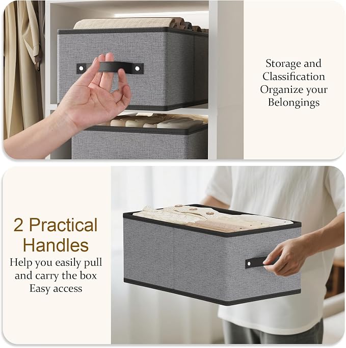 Storage Baskets with Handles,13×9.1×5.5 In,Gray Boxes,4Pack | Storage Bins for Shelves,Foldable Clothing Drawer Organizer,Closet Containers for Home,Office,Large Fabric Cubes