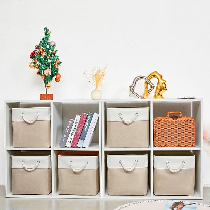 MidmmVick 12 x 12 Inch Cube Storage Bins, 6 Pack Large Collapsible Fabric Storage Bin with Ropes, Foldable Storage Cubes for Home, Office,Closet, Clothes, Toys Organizer (White & Beige)