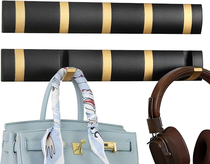 2 Pack Foldable Stylish Modern Hook Rack with 5 Hooks, Coat Hooks Wall Mount, Metal Coat Hook Rail for Coat Hat Towel Purse Robes Mudroom Bathroom Entryway (Black and Gold)