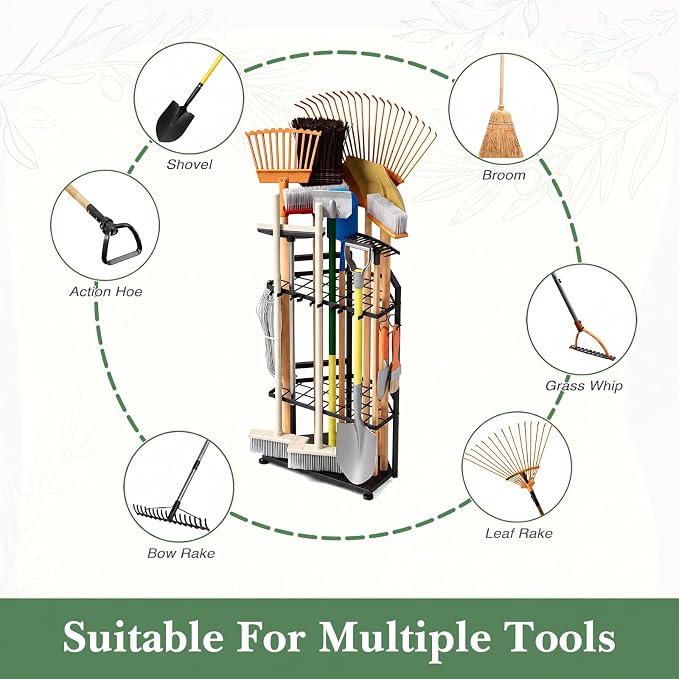 Faesun Garden Tool Organizer for Corner, 3-Tier Metal Yard Tool Rack, Holds 50+ Rakes/Shovels/Brooms,Heavy Duty Lawn Tool Storage for Garage Shed Outdoor Organization