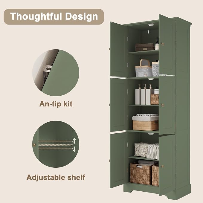 ChooChoo 63.2" Tall Bathroom Storage Cabinet with 6 Doors | Freestanding Floor Cabinet, Adjustable Shelves, Pantry Cabinet for Bathroom, Kitchen, Laundry Room, Green