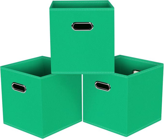Black Foldable Storage Cubes Bins, Fabric Storage Box Cubes Organizer Baskets with Dual Handles for Home Organizer,Set of 3,(Green)