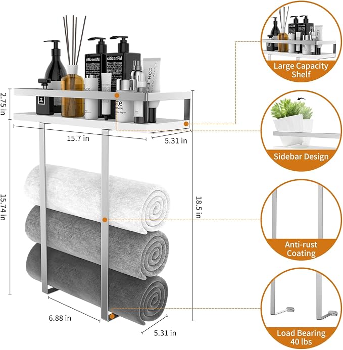 Towel Rack Wall Mounted, Xstydes Metal Towel Holder with Wooden Shelf for Folding Large Towels, Towel Storage for Small Bathroom Organizer Decor or RV Camping, Silver
