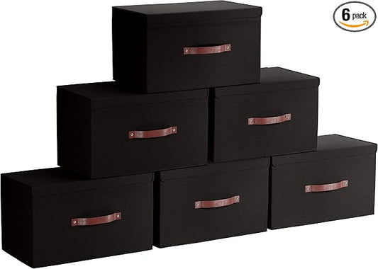 Ornavo Home 6 Pack Collapsible Storage Bins with Lid, 16.5x11.8x7.5, Black | Foldable Linen Fabric; Faux Leather Handles; Ideal Closet Organizer & Large Storage Box for Clothes and Shelves