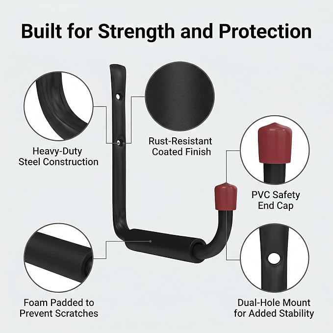 CBWLWJ 6 Pack Garage Hooks Heavy Duty, Multi Functional J Hooks, 9.48 inch Anti Slip Ladder Hooks for Bikes, Chairs, Garden Tools and More.