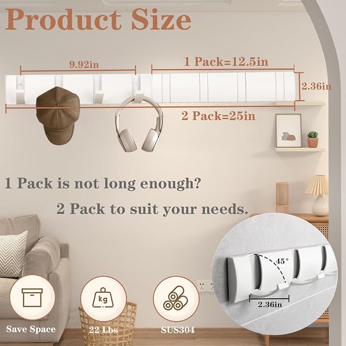 Folding Coat Hooks, Wall Mounted Coat Rack with 8 Retractable Hooks, Heavy Duty Towel Rack for Bathroom Wall Hook for Hanging Clothes Bathrobe, Stainless Steel Coat Hanger for Entryway(White)